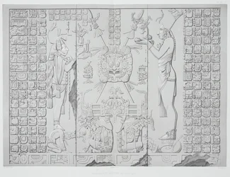 Relevo retratando um sacerdote com oferendas do Santuário do Templo do Sol, Palenque, placas 29 e 30 de antigos monumentos do México, gravadas por Werner, 1866