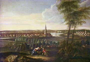 Vista da Igreja do Espírito Santo e do subúrbio de Nowawes de Brauhausberg, 1771