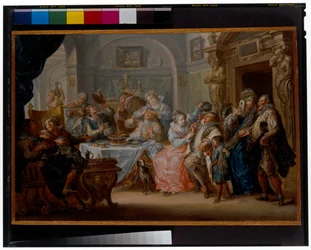 Interior com figuras elegantes em traje de máscaras a festejar