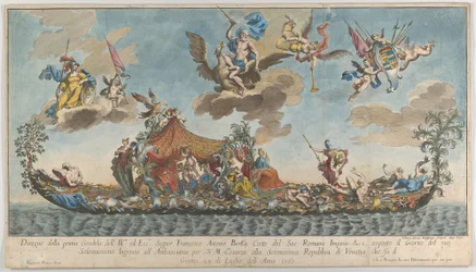A primeira gôndola altamente ornamentada de Francesco Antonio Berka entrando em Veneza, Gods on cl..., 1700.