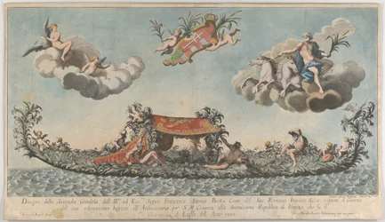 A segunda gôndola altamente ornamentada de Francesco Antonio Berka entrando em Veneza, Deuses em c..., 1700.