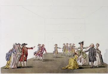 Última cena do "Père de famille" de Denis Diderot - fac simile - gravada após um desenho de Ziesenis, Coutellier, em "Histoire generale illustree du theatre".