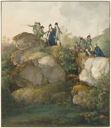 Um grupo real admirando o pôr do sol no cume do monte Hesselberg
