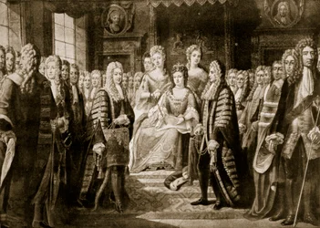 Apresentação dos Artigos da União à rainha Ana, 1706, ilustração de «História da Nação Britânica de Hutchinson», cerca de 1923