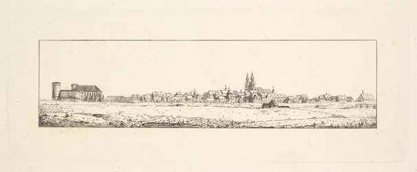 Vista de uma Cidade Velha com uma Igreja e Altas Casas de Gabled Houses.n.d.