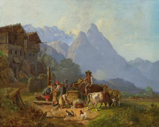 Heinrich Bürkel Aldeia de montanha com fonte c1845