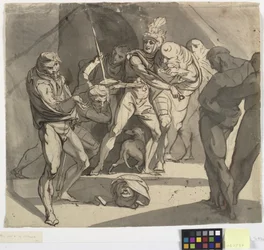 Richard Plantagenet joga a cabeça decepada do duque de Somerset aos pés de seu pai. Ilustração para Henry VI de Shakespeare, Parte 3, ato 1, linha 20