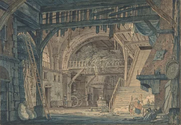 Desenho do cenário de uma Ruína Romana Antiga sendo Convertida em um Celeiro, no final do século 18-médio-19.