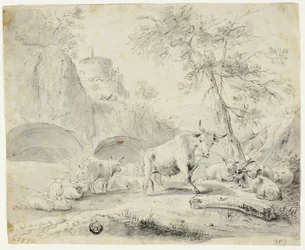 Paisagem com pastor e ovelhas, cabras, gado