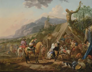 Comandante militar em um acampamento de montanha com merrymakers