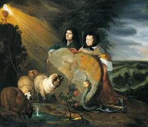 Autorretrato (?) com a esposa e símbolos da fé cristã