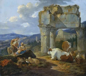 Família de pastores junto às ruínas do templo de Vespasiano