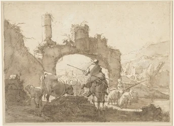 Dois pastores conduzem seu gado através de um rio