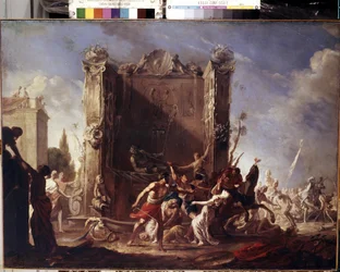 A violação das mulheres Sabine. Pintura de Johann Heinrich Schoenfeld (1609-1684). Óleo sobre tela, 98,5 x 134 cm, ca. 1630-1640. Arte alemã, arte barroca. Museu Hermitage, São Petersburgo.