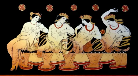 Uma prostituta fêmea entretém três homens durante um banquete c.1796 (Gravação em placa de cobre)