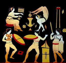 Acrobatas e três homens realizando a dança de guerra Pyrrhichios ou Pyrrhike c.1796 (Gravura em Placa de Cobre)