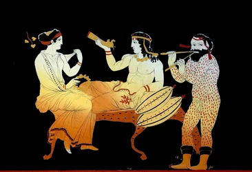 Dionísio assistido por uma bacante e um sátiro tocando um Aulos c.1796 (Gravura em Placa de Cobre)