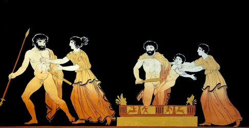 cena clássica pensada para ser soldados ameaçando a vida de Astyanax enquanto a sua mãe Andromache tenta protegê-lo c.1796 (Gravação em Placa de Cobre)