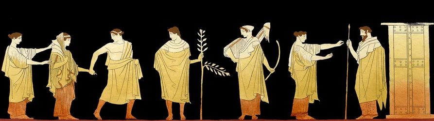 jovem noiva sendo levada para seus novos maridos em casa em uma procissão de casamento sob olhar atento de Artemis e Apolo, c.1796 (gravura em cobre)
