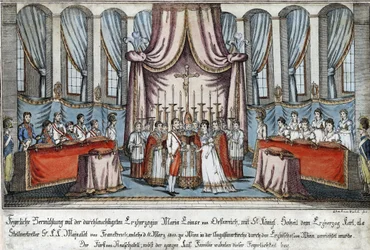 Marie-Louise casou com Napoleão por procuração em Viena, com o Arquiduque Charles em representação de Napoleão - Loeschenkohl, Johann Hieronymus (1753-1807) - 1810 - Gravura, aguarela - 33,4x44,5 - Coleção Privada