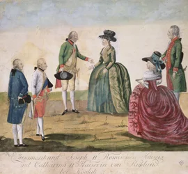 Encontro entre José II da Alemanha (1741-1790) e a Imperatriz Catarina, a Grande (1729-1896) em Koidak, 18 de maio de 1787 (gravura em chapa de cobre colorida)