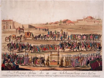 A Entrada do Sultão Selim III (1761-1808) no Sábado em 13 de Abril de 1789 - Loeschenkohl, Johann Hieronymus (1753-1807) - 1789 - Gravura, aguarela - 38,6x50,2 - Colecção Privada