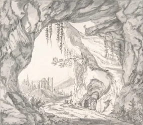 Paisagem montanhosa com ruínas de um castelo e três homens numa gruta..., finais do século XVIII-início do século XIX.