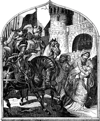 O cerco do castelo de Weinsberg e as mulheres leais 1140 Ilustração da história do povo alemão de E. Duller, 1840