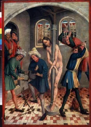 A flagelação de Cristo. Homens fazendo a coroa de espinhos enquanto outros chicoteiam Jesus preso à coluna, com chicotes diferentes. Pintura de Johann Koerbecke (entre 1415 e 1491), anterior a 1457. Têmpera sobre madeira. arte alemã