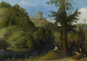 Um eremita com dois viajantes em uma paisagem arborizada
