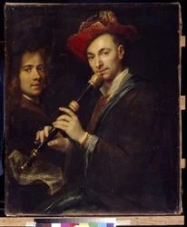 Flautista (Flautista). Retratos de um músico e um ator. Pintura de Jan ou Johann Kupetzki (Kupecky, Kupezky, Kupetzky, Kupecki, Kopecki