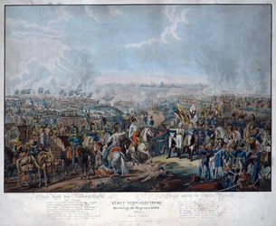 Batalha de Leipzig (Batalha das Nações), em outubro de 1813. O marechal de campo austríaco Schwarzenberg (1771-1820) anuncia a vitória dos aliados na Batalha de Leipzig ao imperador germânico Francisco II (= Francisco I da Áustria; 1768 - 1835) e ao czar
