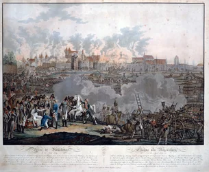 A Batalha de Ratisbon em 23 de Abril de 1809 (bataille de Ratisbonne ou Regensburg) - Rugendas, Johann Lorenz, o Jovem (1775-1826) - 1809 - Aquatint - 54,6x65,4 - Colecção Privada