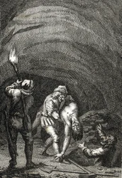 Morte de Guilherme II da Holanda morto pelos frísios, que o enterraram secretamente debaixo do chão de uma casa Gravura de Johann Michael Mettenleiter (1765-1853) 1800 Colecção privada