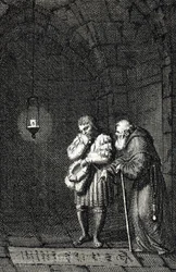 Imperador Carlos IV (1346-1378) recolhendo na sepultura de Widukind da Saxónia (ou Wittekind of Saxony) um Enger Alemanha em 1377 (Carlos IV, Santo Imperador Romano na sepultura de Widukind (Widuking ou Wittekind) em Enger, Alemanha) Gravura de Johann Mich