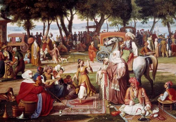 Água doce Ásia em Constantinopla - Vida doce: grupo de homens e mulheres fumando, dançando - Pintura de Johann Wittmer (1802-1880) 1837 Detail - Munique, Neue Pinakothek