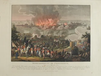 Bombardeamento de Copenhague, de 2 a 5 de setembro de 1807, pintura colorida por e após J. Laurent Rugendas, publicado por J. Laurent Rugendas, Augsburg, 1807