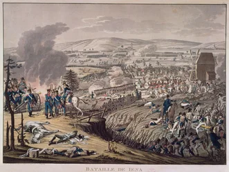 A Batalha de Jena, com as aldeias de Klein-Romstedt, Hermstedt e Stobra ao fundo (aquatint)
