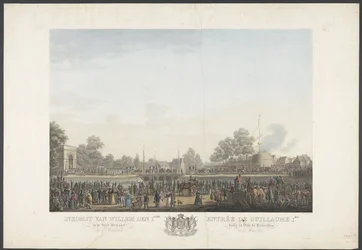 Entrada de William the 1st na Cidade de Bruxelas a 30 de Março de 1815 / Entrée de Guillaume 1er dans la Ville de Bruxelles, le 30 Mars 1815 (título sobre o objecto)
Doze pratos da chegada e inauguração de Guilherme I em Bruxelas e as batalhas em Quatre-B