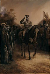 O general Lord Kitchener faz continência ao passar a cavalo diante de líderes bóeres que permanecem de pé e tiram os chapéus, 1902