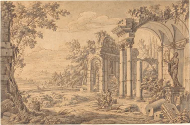 Paisagem com um desenhista entre ruínas antigas