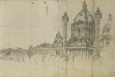 Vista sobre os subúrbios do sul de Viena e a igreja de Karlskirche