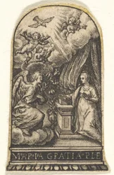 Anunciação, Maria se ajoelha em um púlpito enquanto Gabriel se aproxima de uma nuvem do ..., ca. 1580-1600.