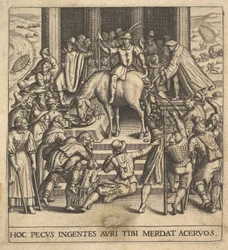 Homens coletando esterco caindo dos quartos traseiros de uma mula, com um cavaleiro sentado ba ..., 1592-1614.
