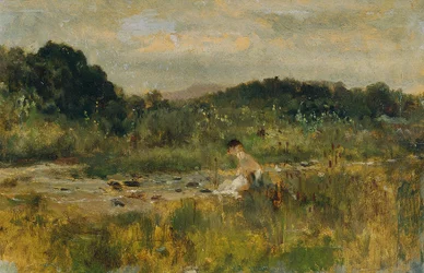 Paisagem de fluxo com uma garota sentada