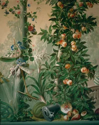 Cenário de jardim, árvore de fruto e chapéu, luvas e ancinho de uma senhora jardineira na sala de jardim ...