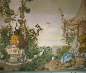 Cena de jardim com pavão e tenda na Sala do Jardim do Palácio de Schönbrunn