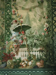 Cena de jardim com guarda-chuva e tenda luxuosa