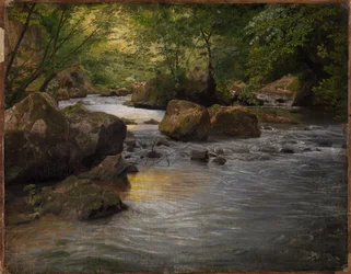 Ribeiro de montanha com pintor sentado