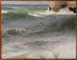 Estudo do mar perto de Étretat com costa rochosa à direita